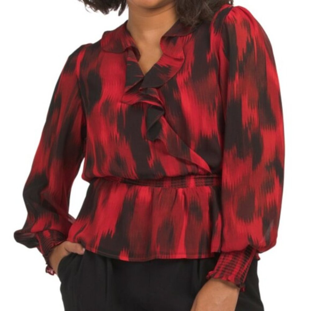 Plus Sizes Calvin Klein Women's Blouse Black Red Ruffles Elastic Waist Holiday